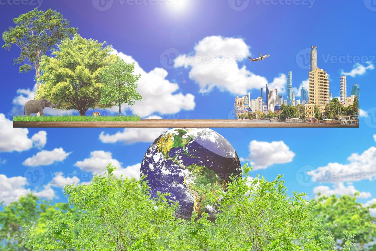 Carbon Neutral and ESG Concepts Carbon Emissions Clean Energy Globe Balance between Sustainable Resource Forests Caring for the Environment and Polluted Cities photo