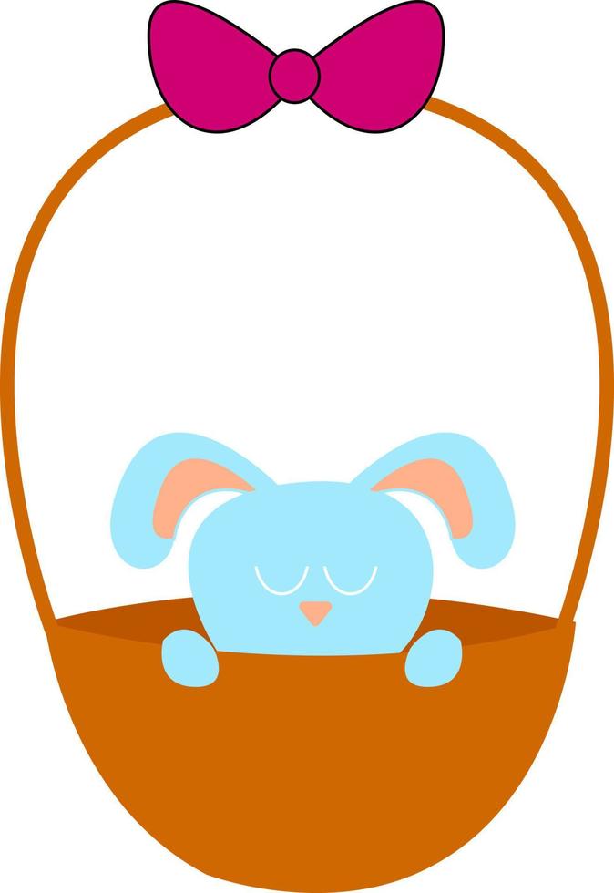 Cute blue bunny in a basket, illustration, vector on white background.