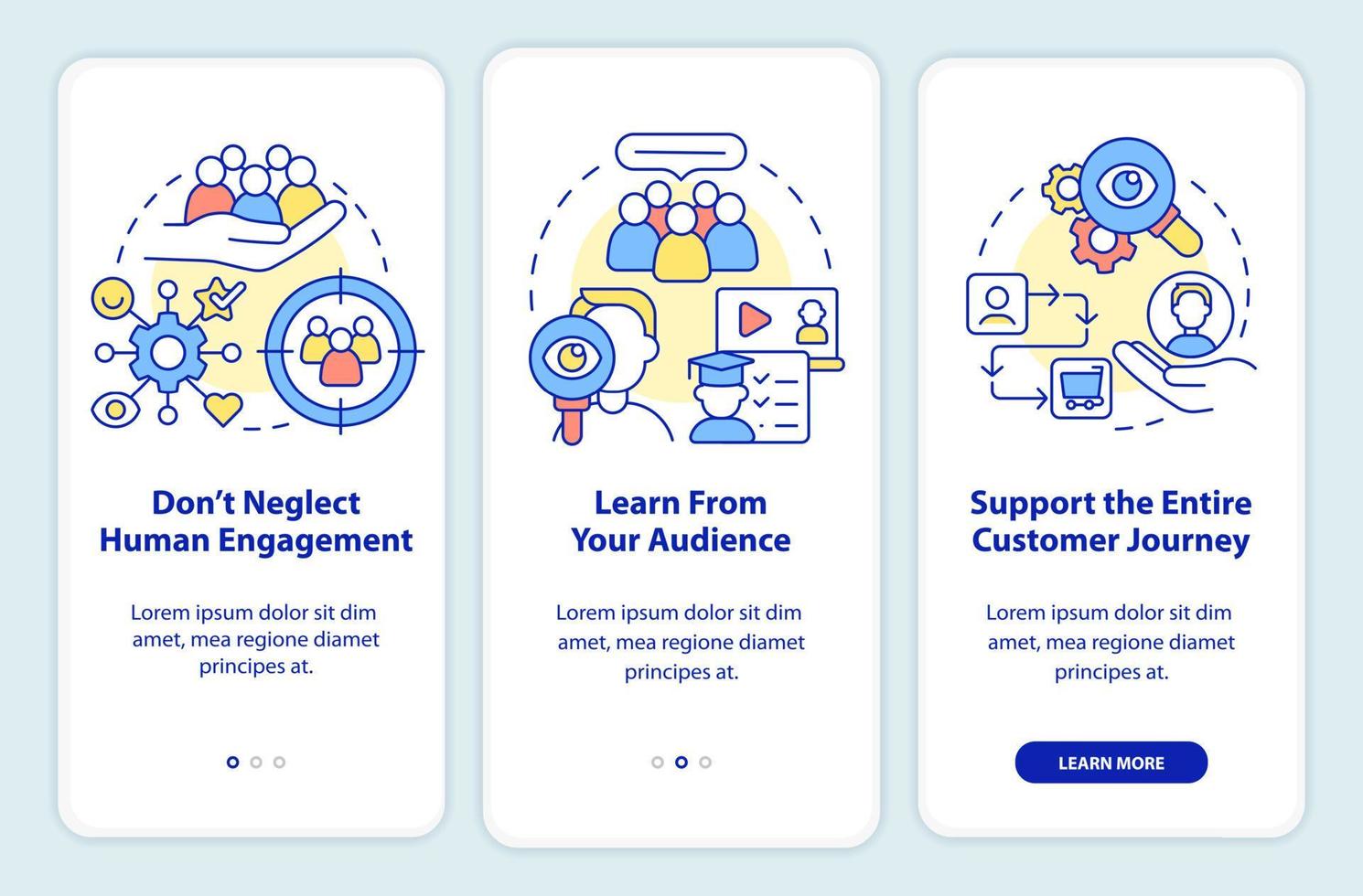 la primera mentalidad de las personas al incorporar la pantalla de la aplicación móvil. tutorial de marketing digital páginas de instrucciones gráficas de 3 pasos con conceptos lineales. interfaz de usuario, ux, plantilla de interfaz gráfica de usuario. vector