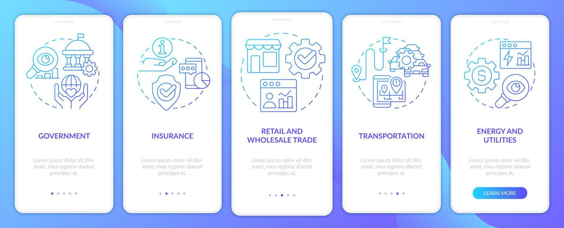 Big data applications types blue gradient onboarding mobile app screen. Walkthrough 5 steps graphic instructions pages with linear concepts. UI, UX, GUI template. vector