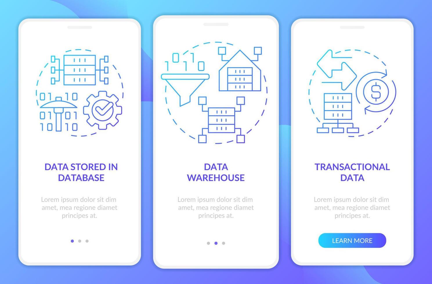 tipos de datos para minar la pantalla de la aplicación móvil de incorporación de gradiente azul. iot tutorial 3 pasos páginas de instrucciones gráficas con conceptos lineales. interfaz de usuario, ux, plantilla de interfaz gráfica de usuario. vector