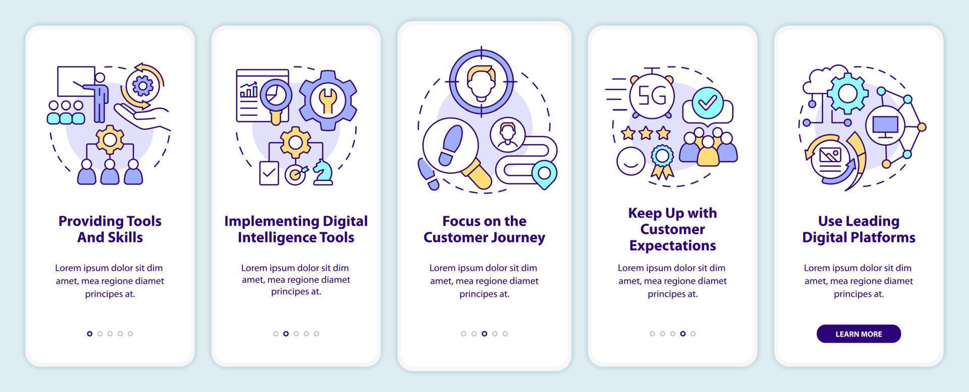 Digital first strategy onboarding mobile app screen. Electronic commerce walkthrough 5 steps graphic instructions pages with linear concepts. UI, UX, GUI template. vector