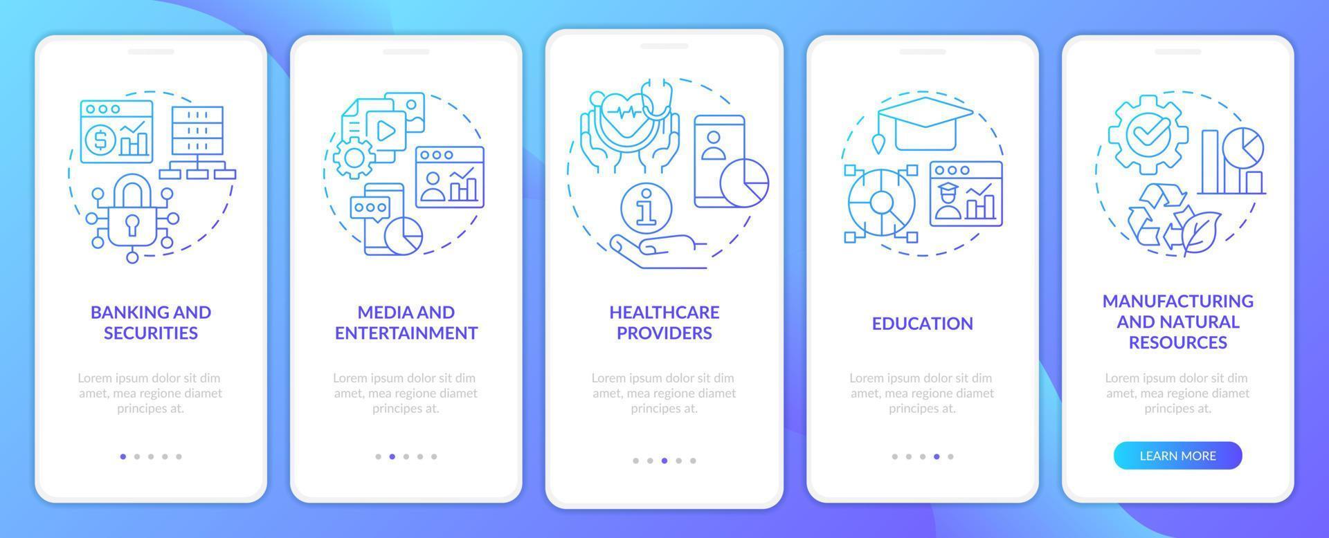 tipos de aplicaciones de big data pantalla de aplicación móvil de incorporación de gradiente azul. tutorial 5 pasos páginas de instrucciones gráficas con conceptos lineales. interfaz de usuario, ux, plantilla de interfaz gráfica de usuario. vector