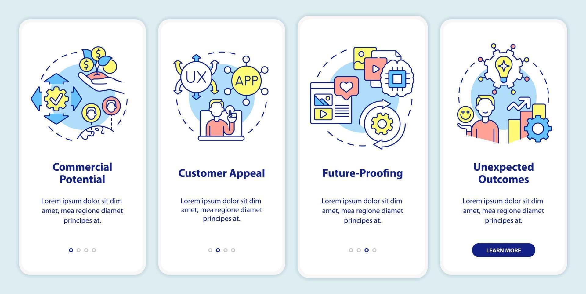 primera importancia de la mentalidad digital al incorporar la pantalla de la aplicación móvil. tutorial 4 pasos páginas de instrucciones gráficas con conceptos lineales. interfaz de usuario, ux, plantilla de interfaz gráfica de usuario. vector