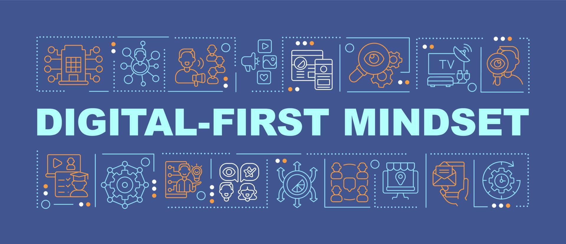 Digital first mindset word concepts dark blue banner. Electronic commerce. Infographics with icons on color background. Isolated typography. Vector illustration with text.