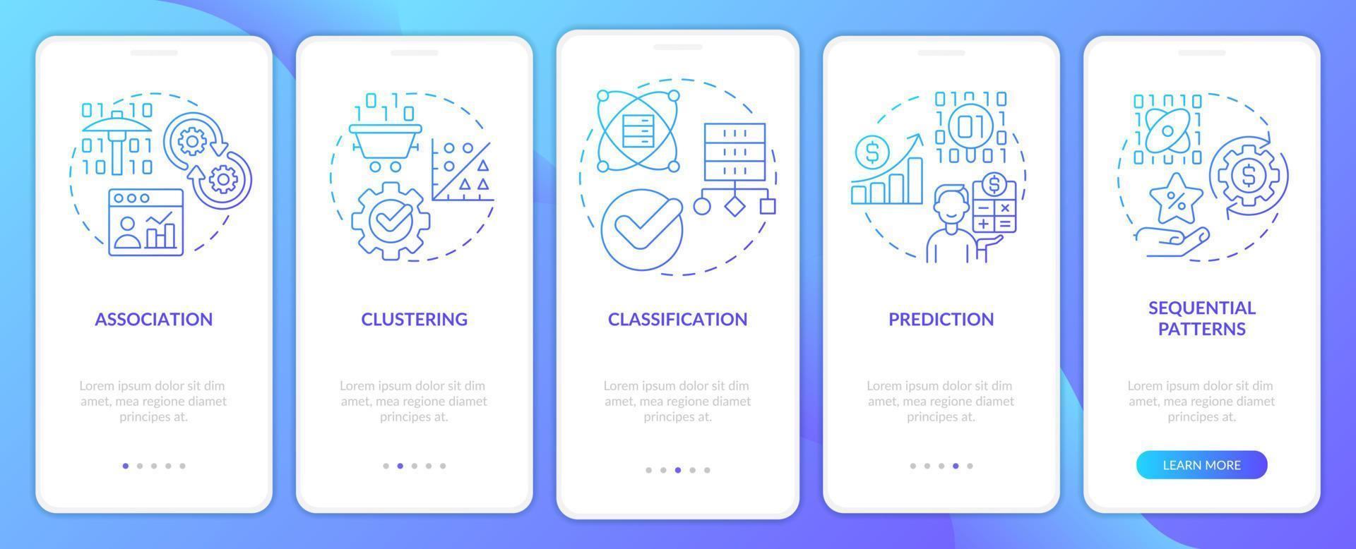 Data mining techniques blue gradient onboarding mobile app screen. Walkthrough 5 steps graphic instructions pages with linear concepts. UI, UX, GUI template. vector
