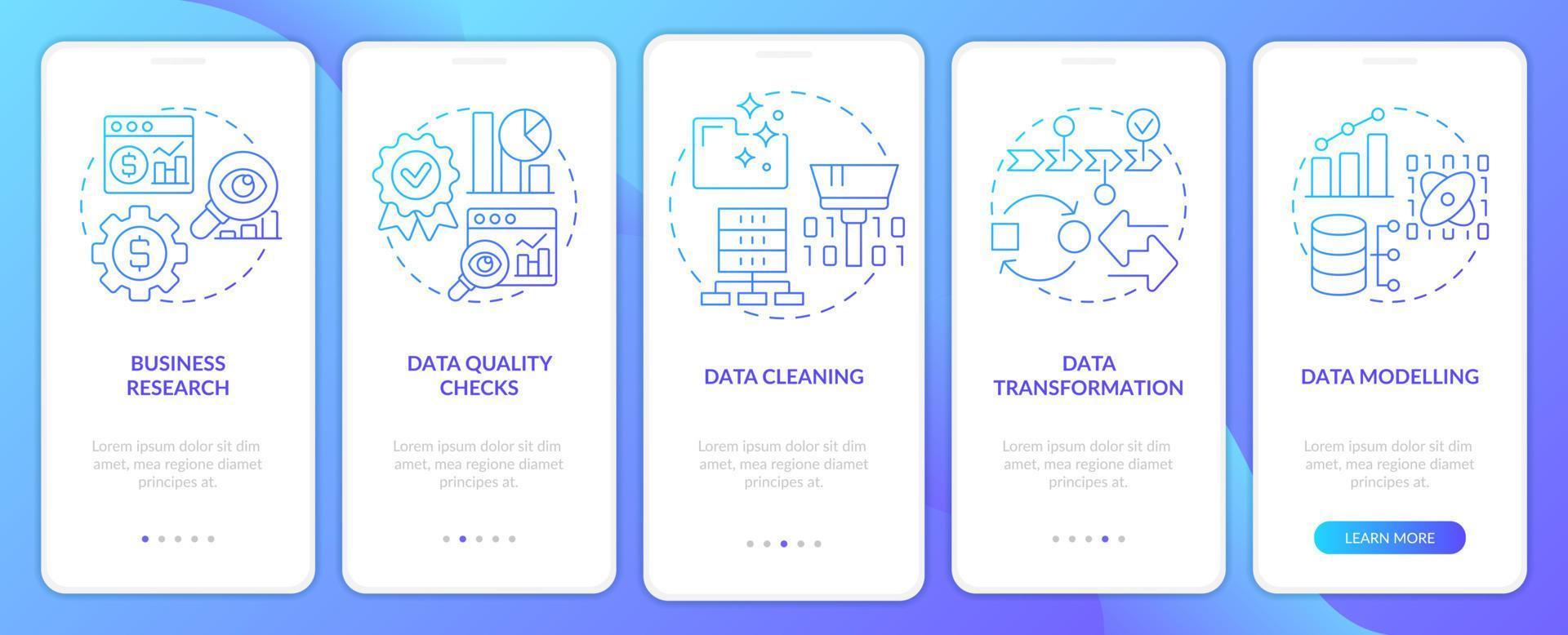 Data mining process blue gradient onboarding mobile app screen. Walkthrough 5 steps graphic instructions pages with linear concepts. UI, UX, GUI template. vector