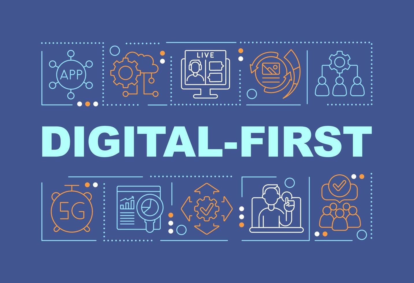 Digital first word concepts dark blue banner. Business and marketing. Infographics with icons on color background. Isolated typography. Vector illustration with text.