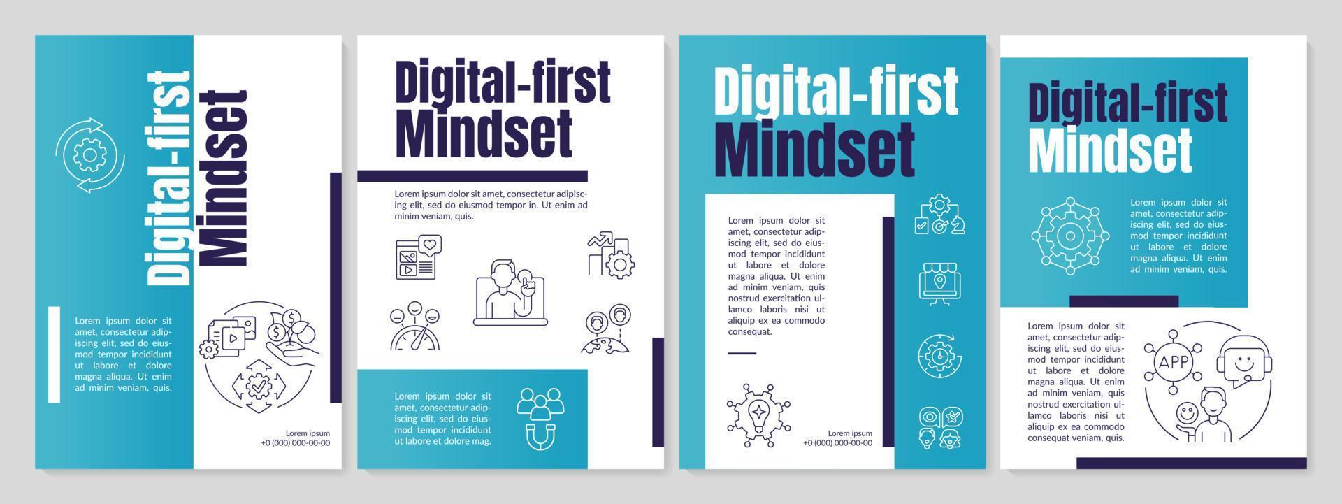 Digital first mindset blue brochure template. Business strategy. Leaflet design with linear icons. 4 vector layouts for presentation, annual reports.