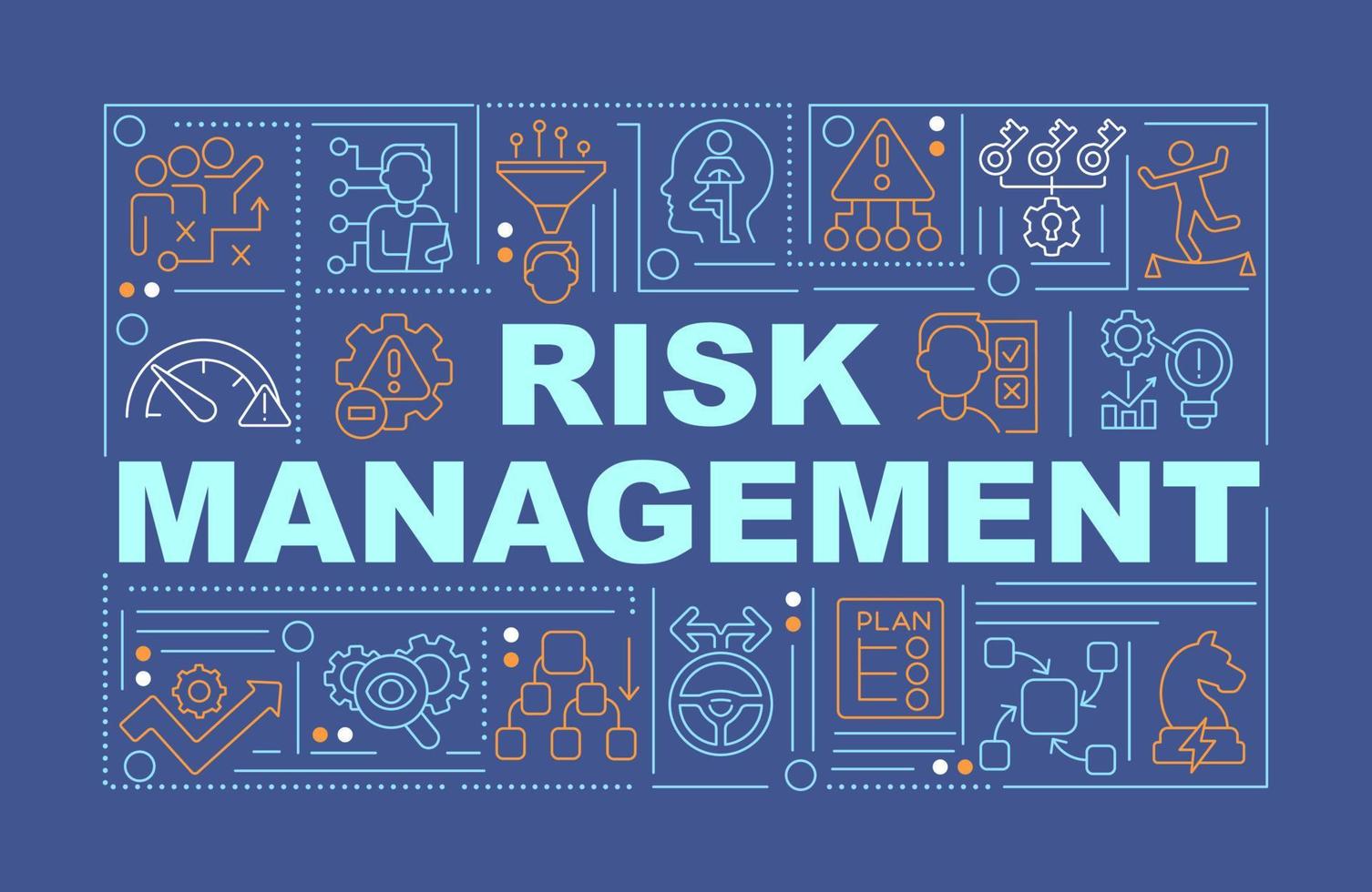 Risk management word concepts dark blue banner. Deal with problems. Infographics with icons on color background. Isolated typography. Vector illustration with text.