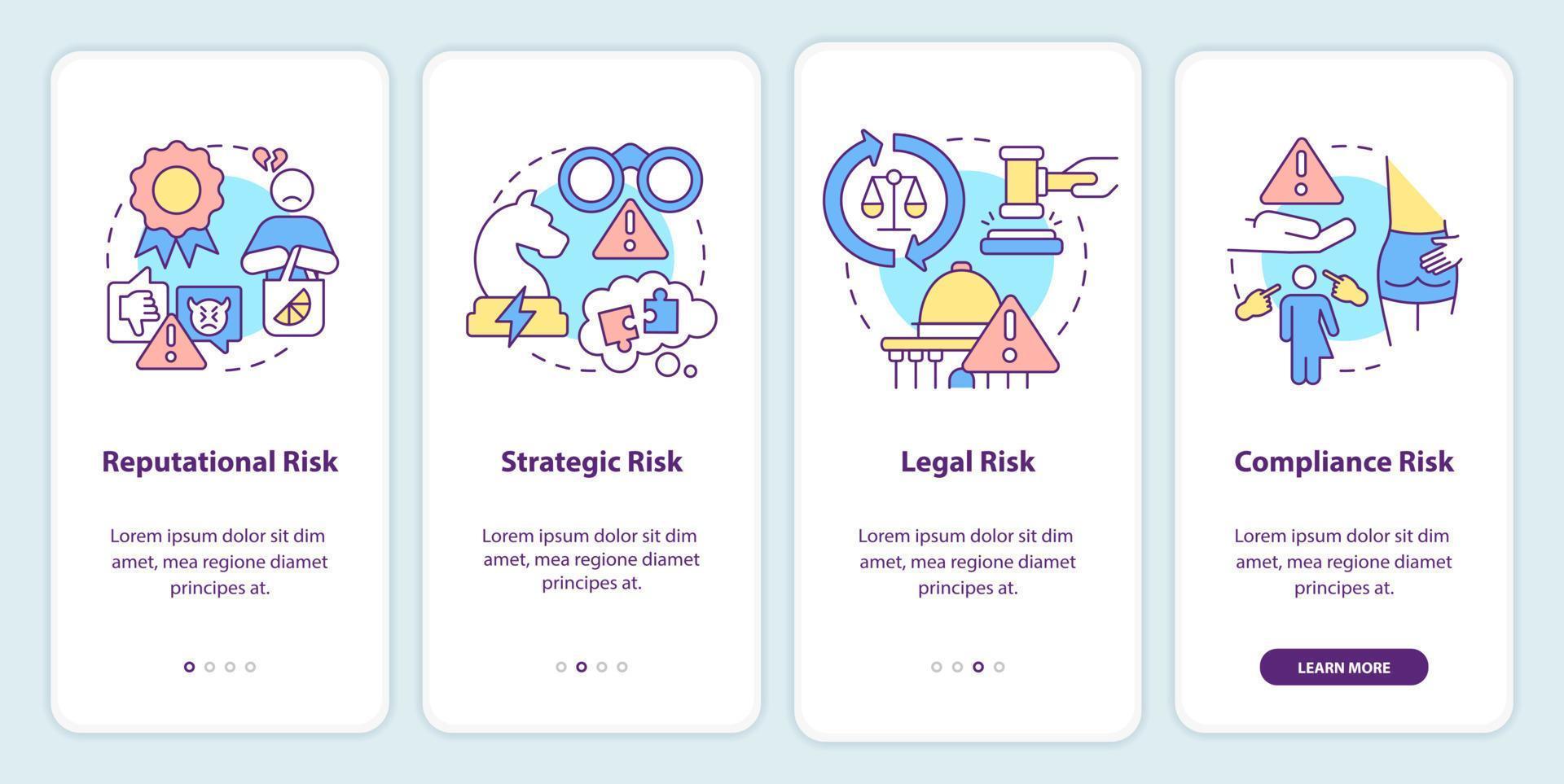 categorizaciones de riesgo incorporadas en la pantalla de la aplicación móvil. problemas potenciales paso a paso páginas de instrucciones gráficas de 4 pasos con conceptos lineales. interfaz de usuario, ux, plantilla de interfaz gráfica de usuario. vector