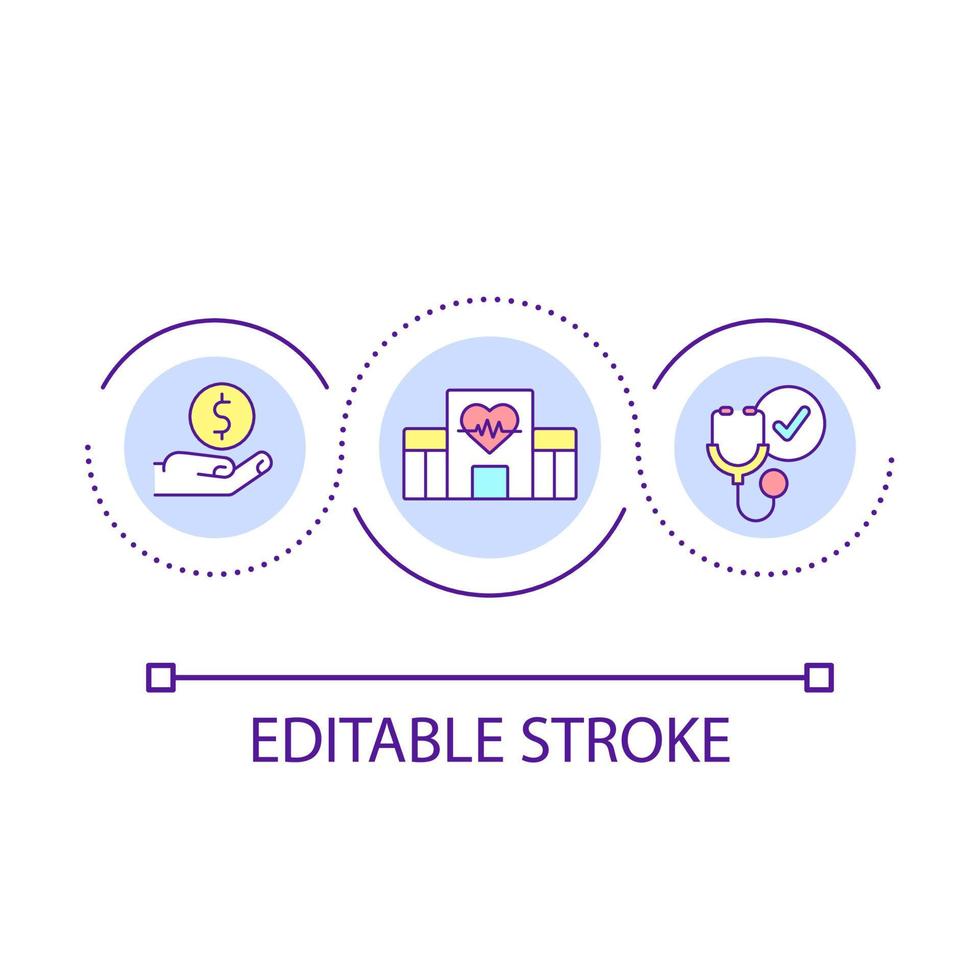 Hospital based medical care services loop concept icon. Healthcare. Financial assistance and support abstract idea thin line illustration. Isolated outline drawing. Editable stroke. vector