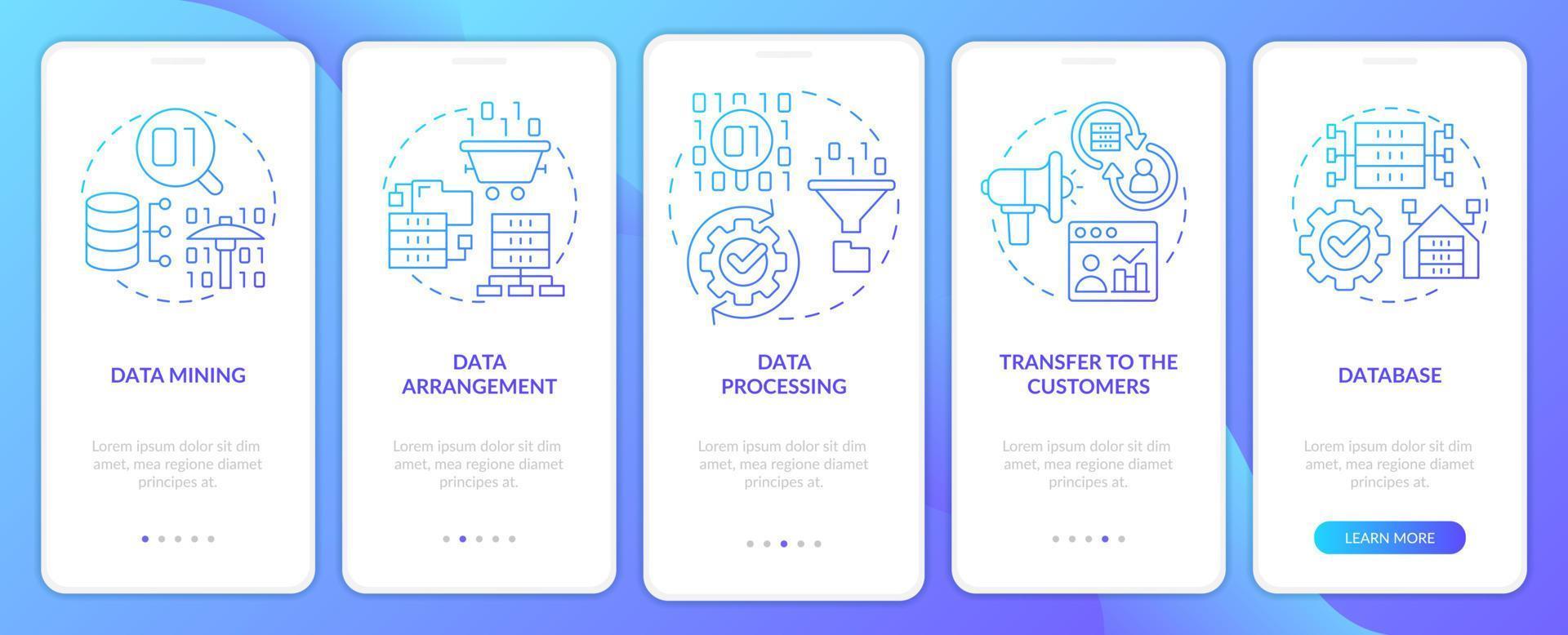 Collect and processing data blue gradient onboarding mobile app screen. Walkthrough 5 steps graphic instructions pages with linear concepts. UI, UX, GUI template. vector