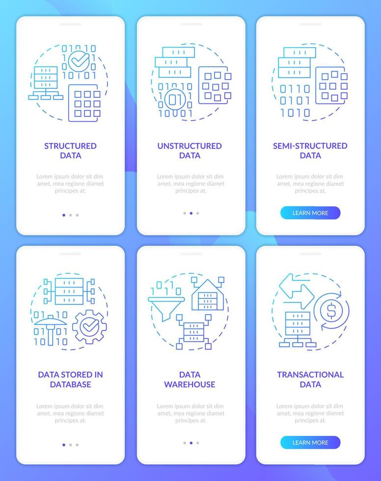 tipos de información digital conjunto de pantalla de aplicación móvil de incorporación de degradado azul. tutorial 3 pasos páginas de instrucciones gráficas con conceptos lineales. interfaz de usuario, ux, plantilla de interfaz gráfica de usuario. vector