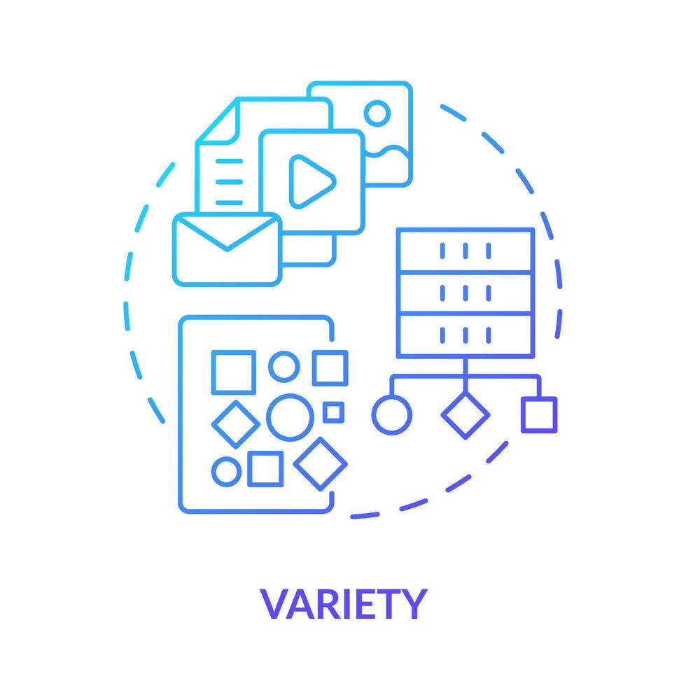 Variety blue gradient concept icon. Big data characteristic abstract idea thin line illustration. Source and nature of unstructured data. Isolated outline drawing. vector