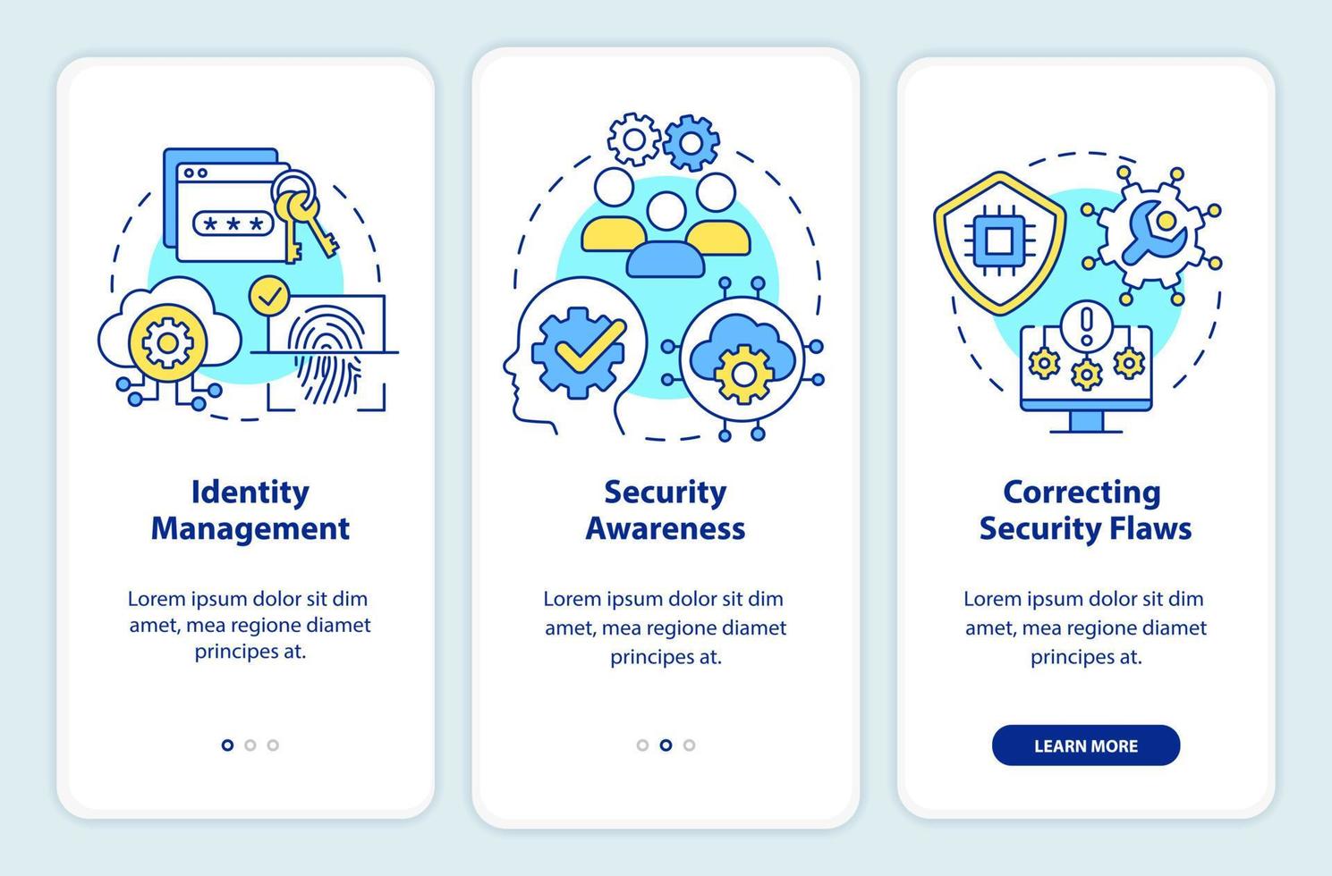 gestión de riesgos de ciberseguridad incorporando la pantalla de la aplicación móvil. Tutorial de seguridad en línea Páginas de instrucciones gráficas de 3 pasos con conceptos lineales. interfaz de usuario, ux, plantilla de interfaz gráfica de usuario. vector