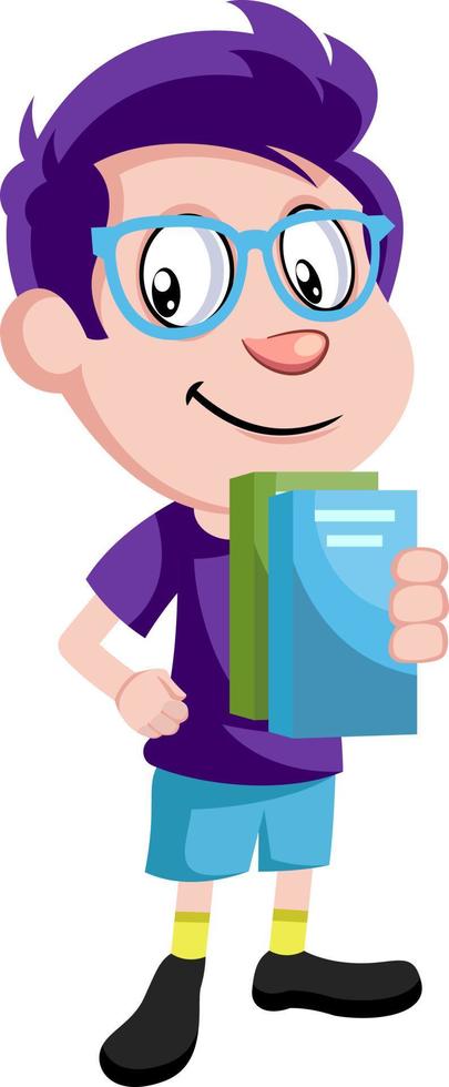 Boy with glasses holding books, illustration, vector on white background.