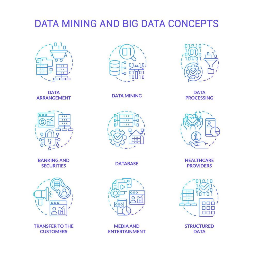 conjunto de iconos de concepto de gradiente azul de minería de datos y big data. análisis de base de datos idea ilustraciones en color de línea delgada. arreglo, procesamiento. símbolos aislados. vector