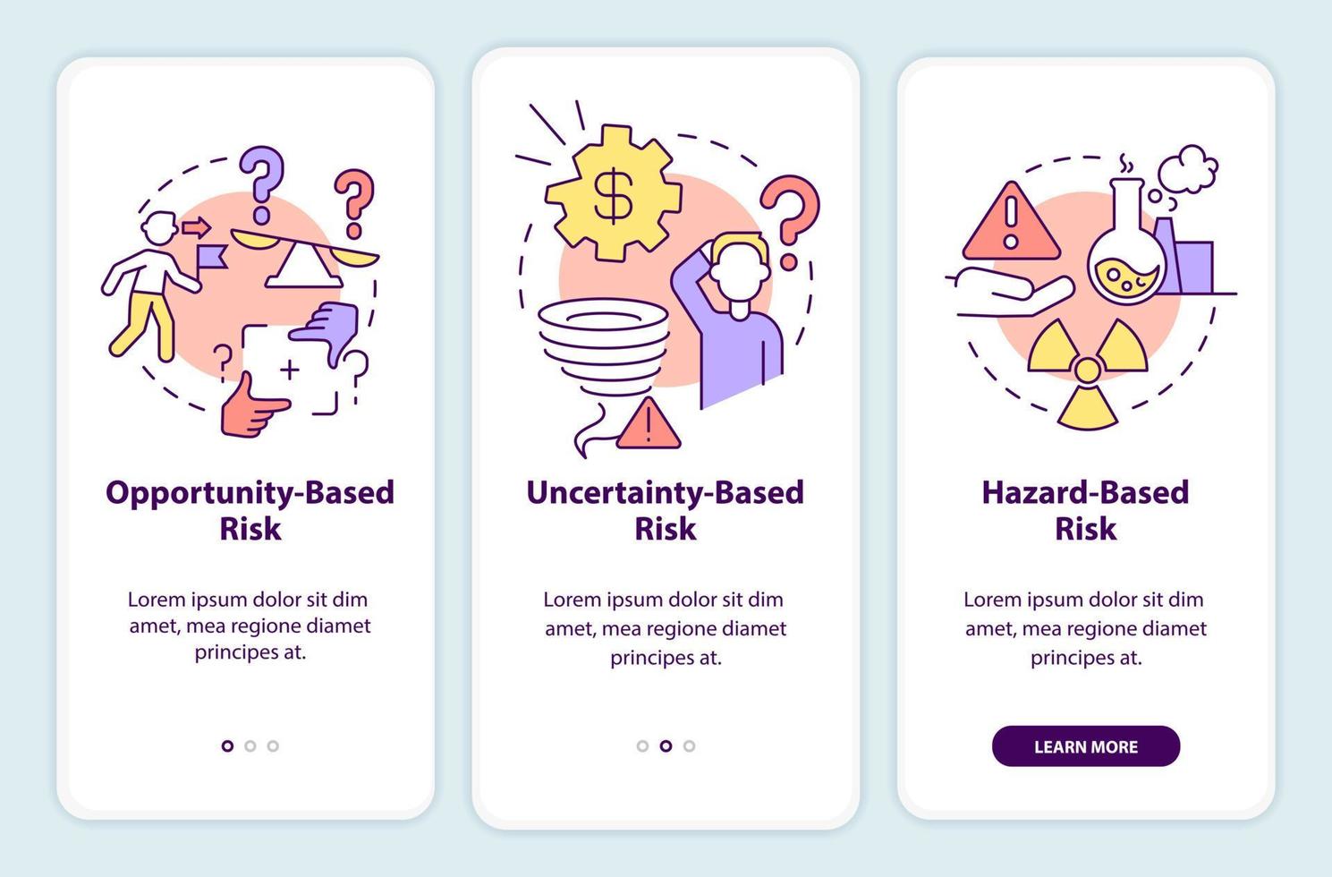 Risks types onboarding mobile app screen. Problems analysing walkthrough 3 steps graphic instructions pages with linear concepts. UI, UX, GUI template. vector