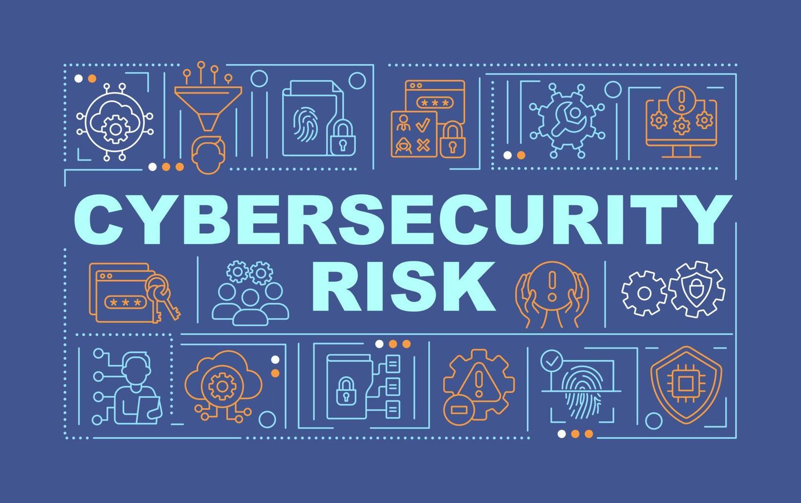 Cybersecurity risk word concepts dark blue banner. Digital protection. Infographics with icons on color background. Isolated typography. Vector illustration with text.