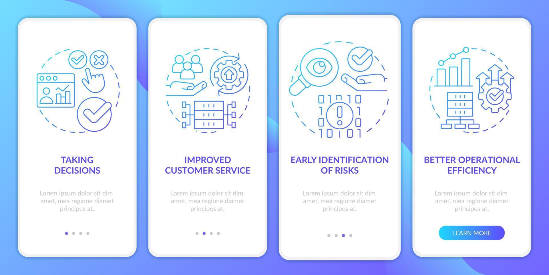 Advantages of big data blue gradient onboarding mobile app screen. IoT walkthrough 4 steps graphic instructions pages with linear concepts. UI, UX, GUI template. vector