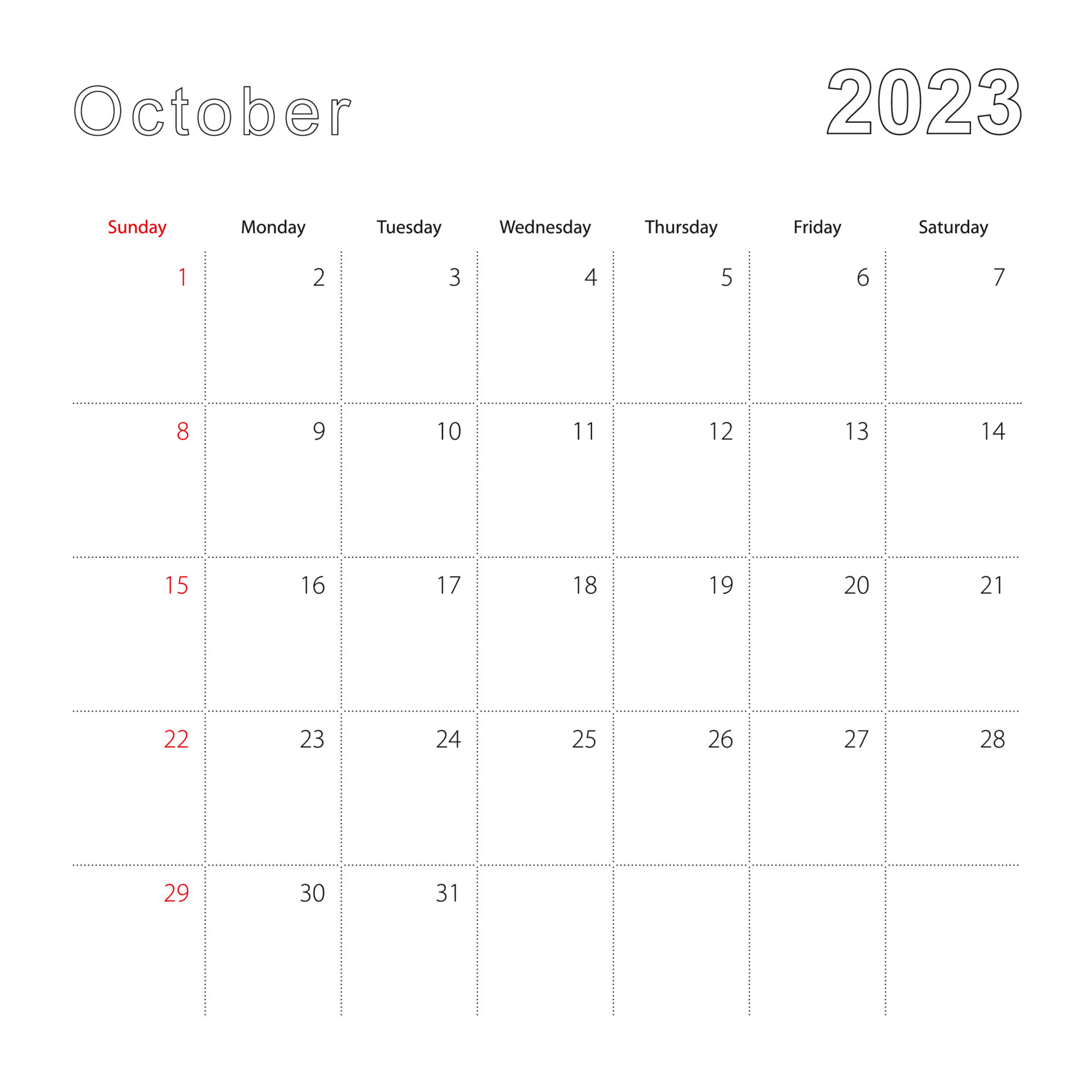 Simple Wall Calendar For October 2023 With Dotted Lines The Calendar simple-wall-calendar-for-october-2023-with-dotted-lines-the-calendar