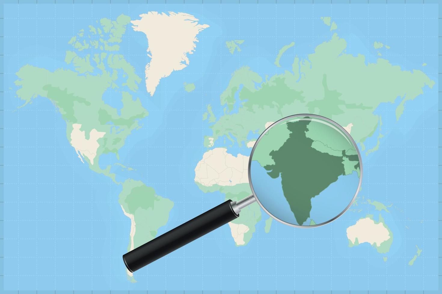 mapa del mundo con una lupa en un mapa de la india. vector