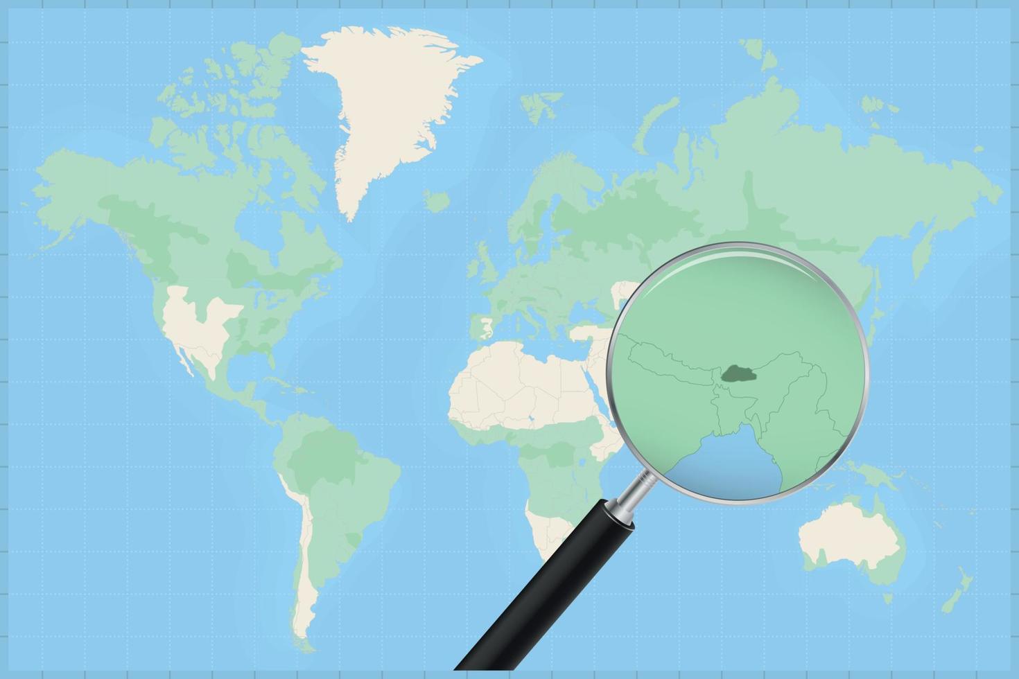 Map of the world with a magnifying glass on a map of Bhutan. vector