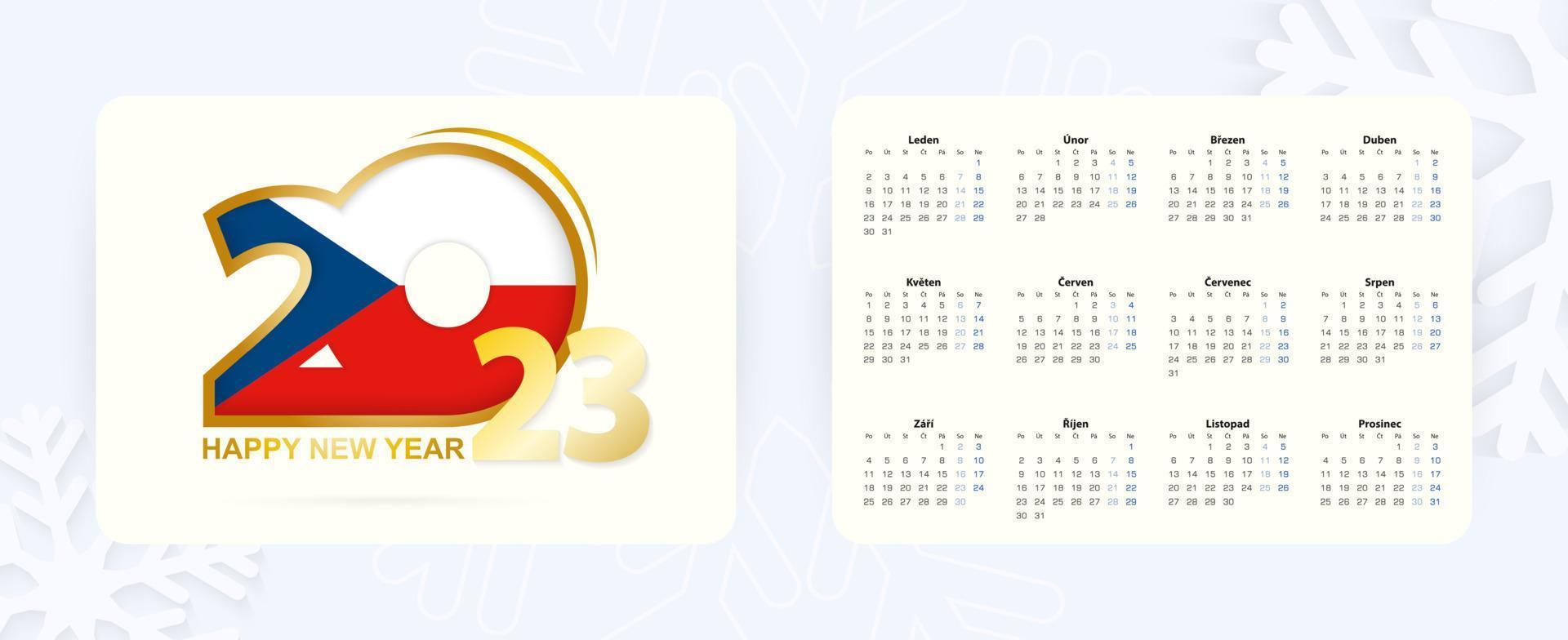 Horizontal Pocket Calendar 2023 in Czech language. New Year 2023 icon with flag of Czech Republic. vector