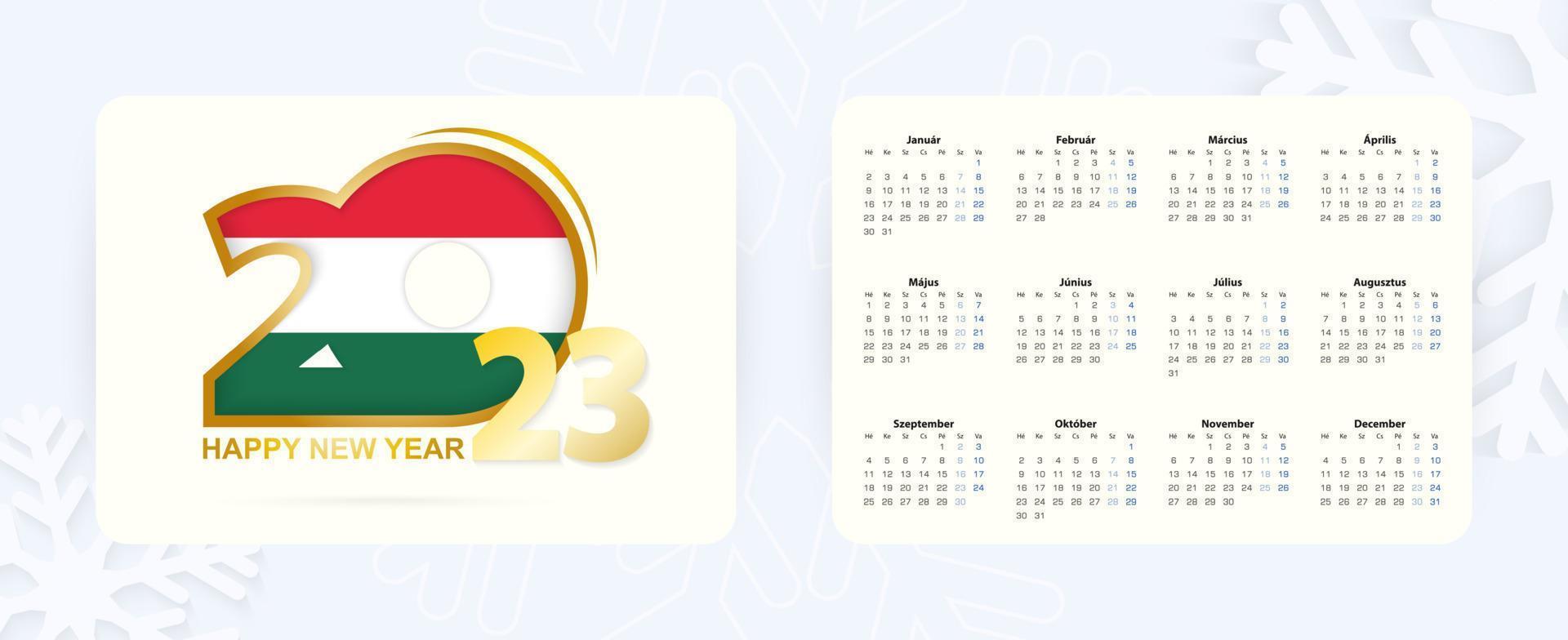 Horizontal Pocket Calendar 2023 in Hungarian language. New Year 2023 icon with flag of Hungary. vector