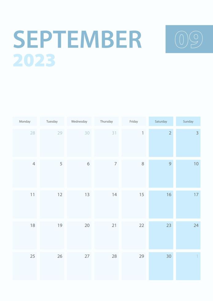 página de calendario vertical de septiembre de 2023, la semana comienza el lunes. vector