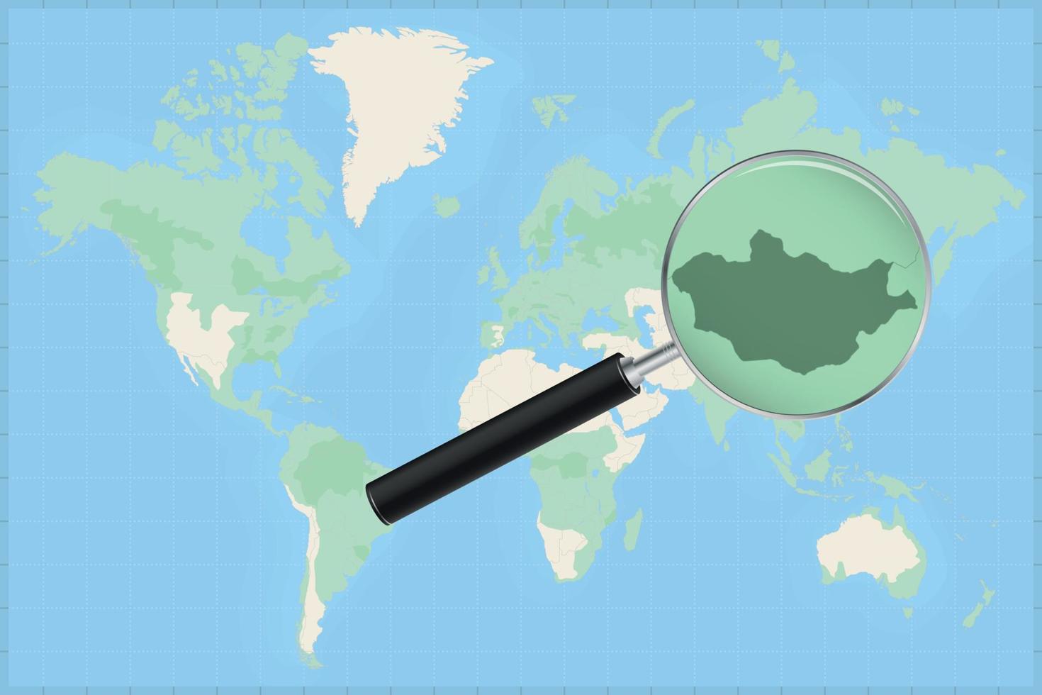 Map of the world with a magnifying glass on a map of Mongolia. vector