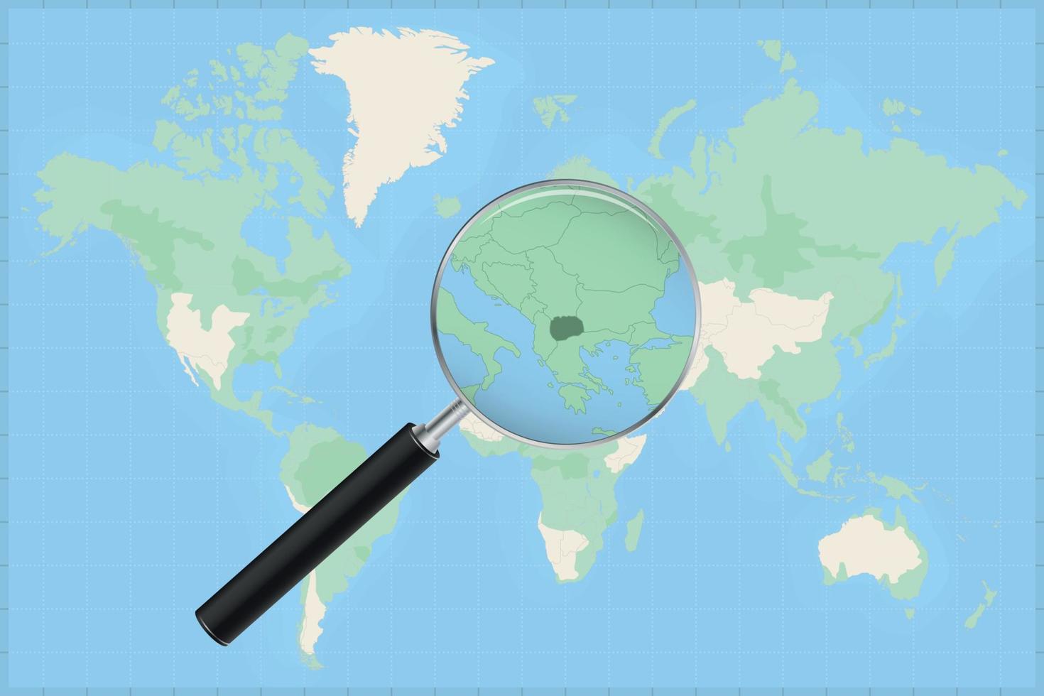 mapa del mundo con una lupa en un mapa de macedonia. vector