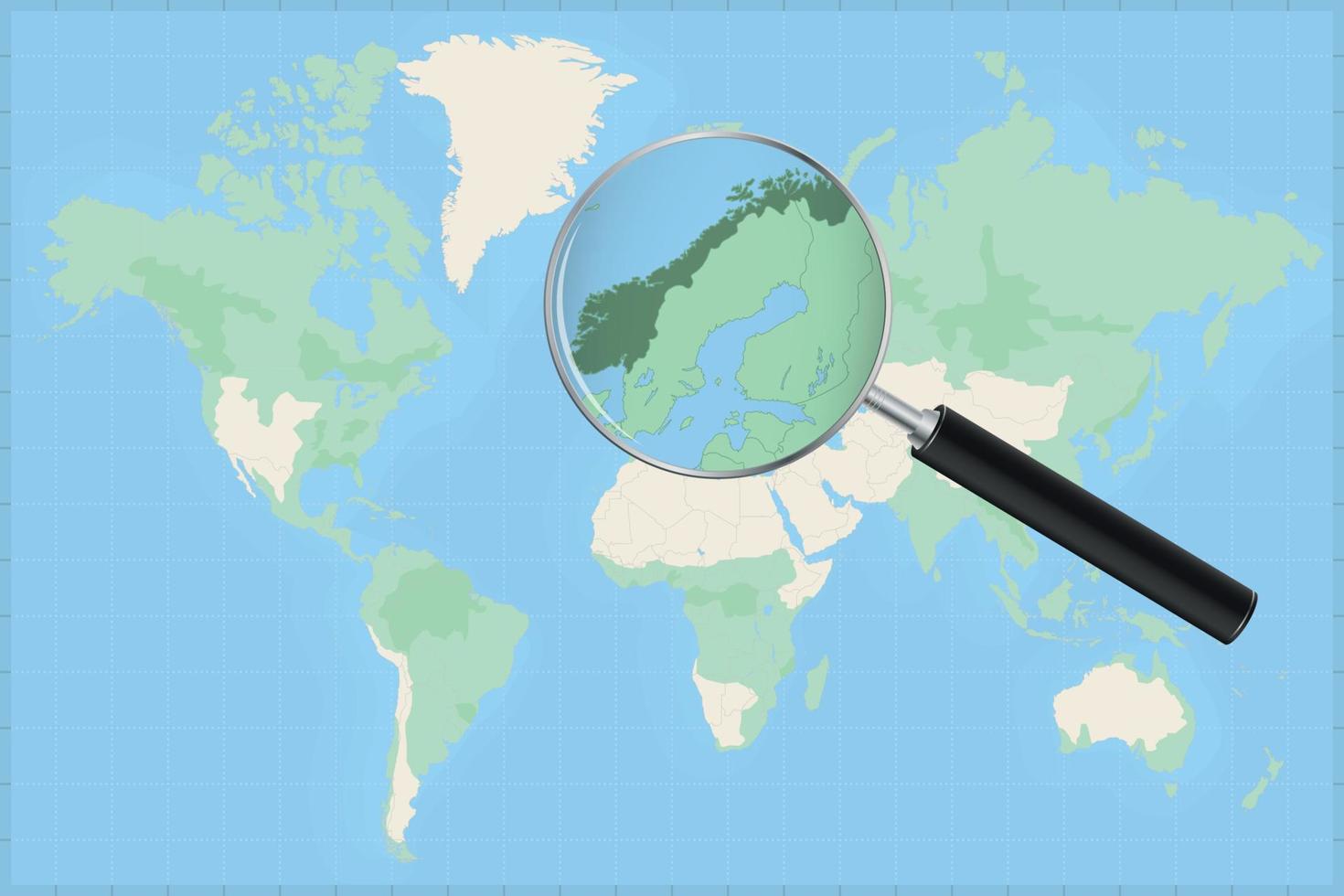 mapa del mundo con una lupa en un mapa de noruega. vector