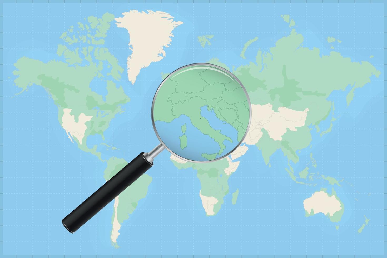 Map of the world with a magnifying glass on a map of San Marino. vector