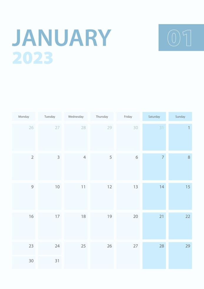 Vertical calendar page of January 2023, Week starts from Monday. vector