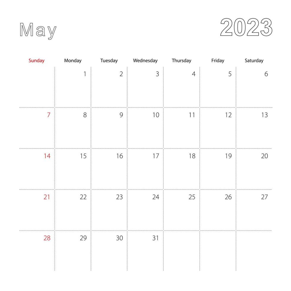 Simple wall calendar for May 2023 with dotted lines. The calendar is in English, week start from Sunday. vector