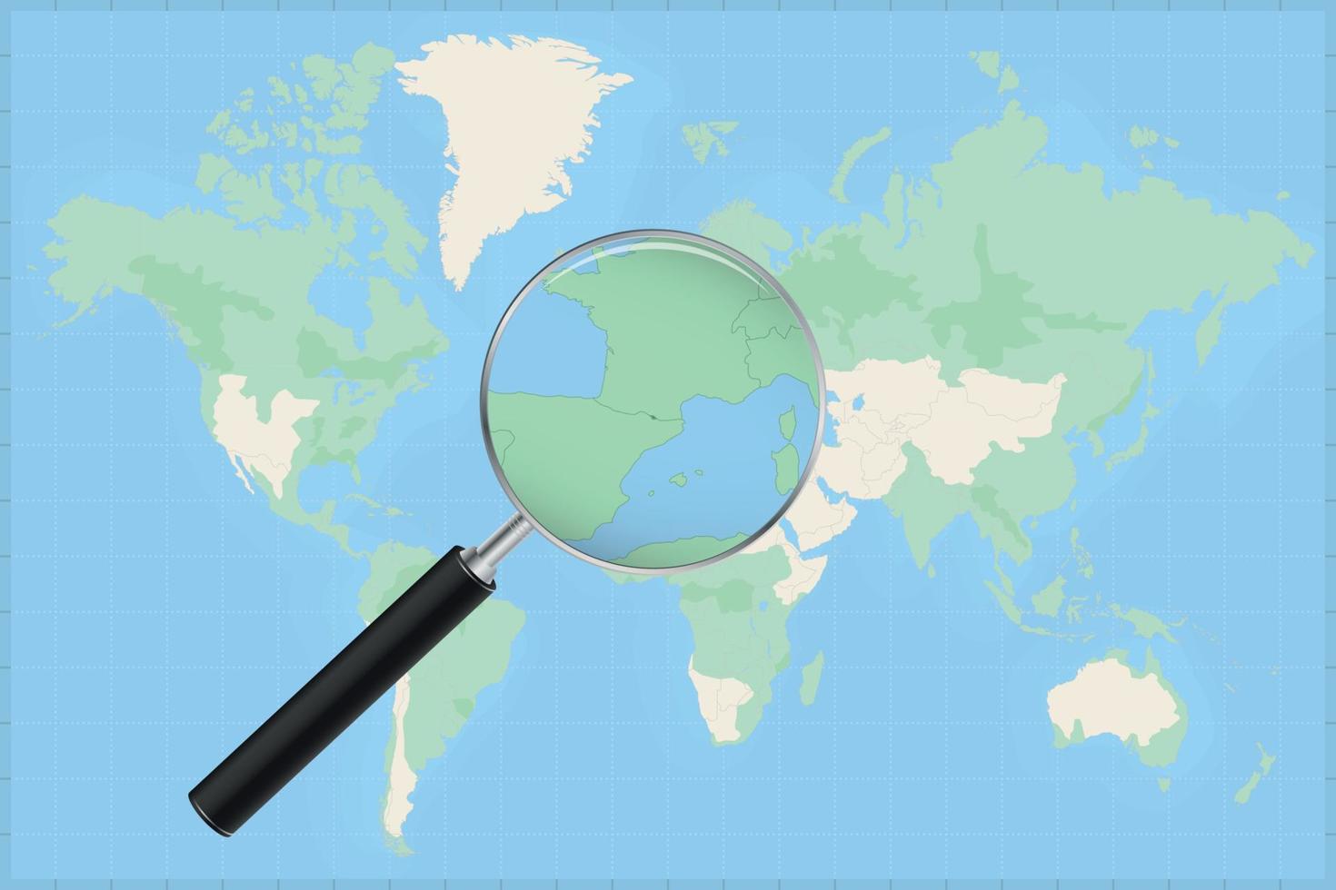Map of the world with a magnifying glass on a map of Andorra. vector
