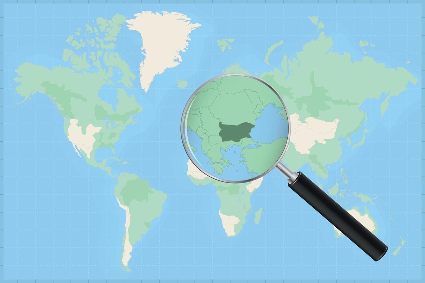 mapa del mundo con una lupa en un mapa de bulgaria. vector