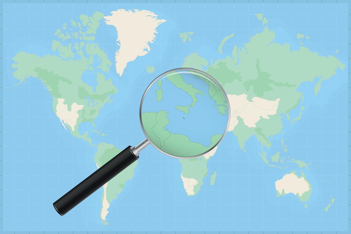 Map of the world with a magnifying glass on a map of Malta. vector