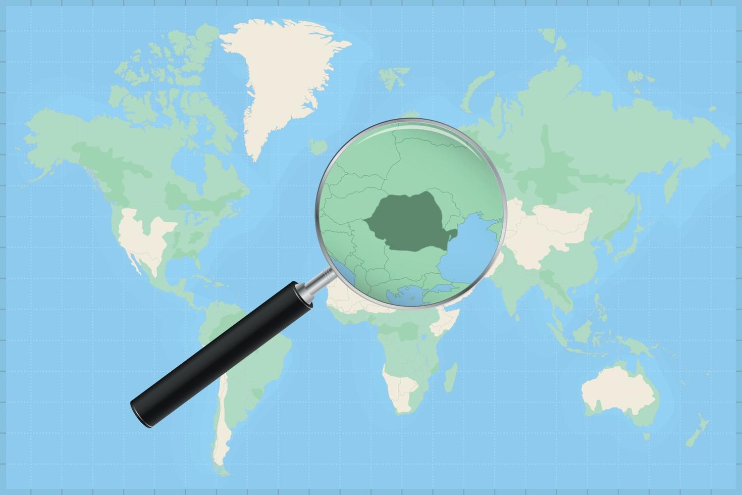 Map of the world with a magnifying glass on a map of Romania. vector
