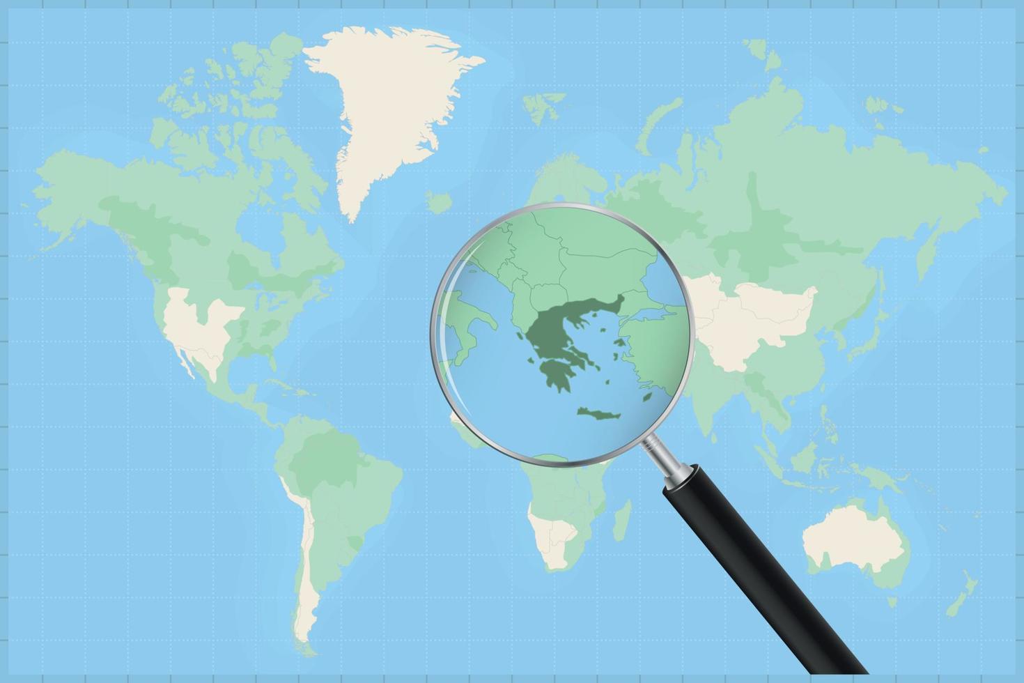 Map of the world with a magnifying glass on a map of Greece. vector