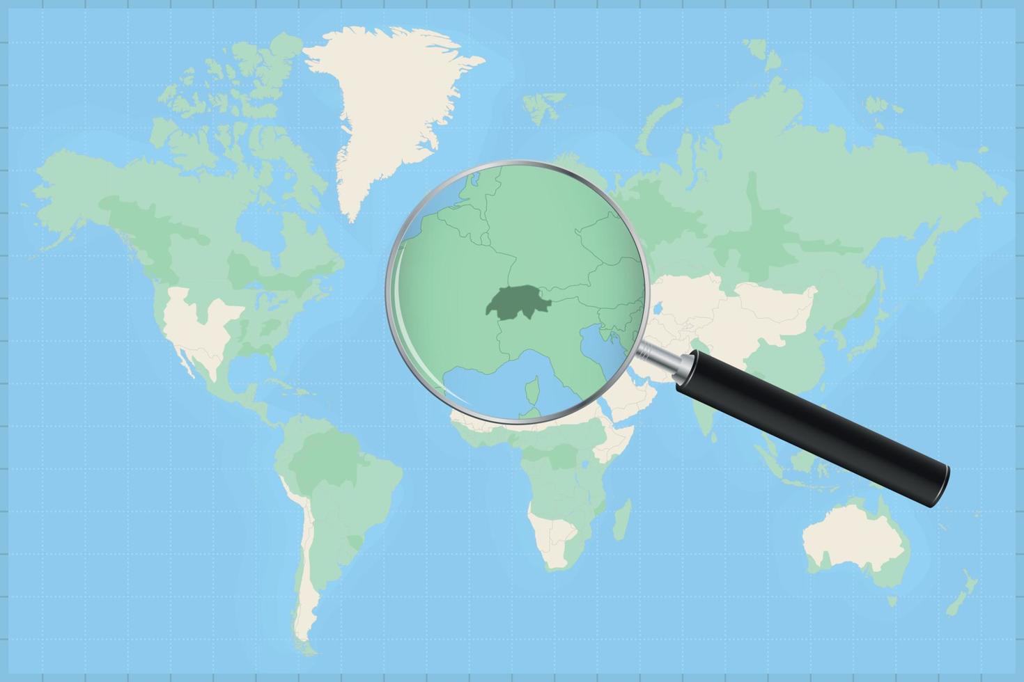 Map of the world with a magnifying glass on a map of Switzerland. vector