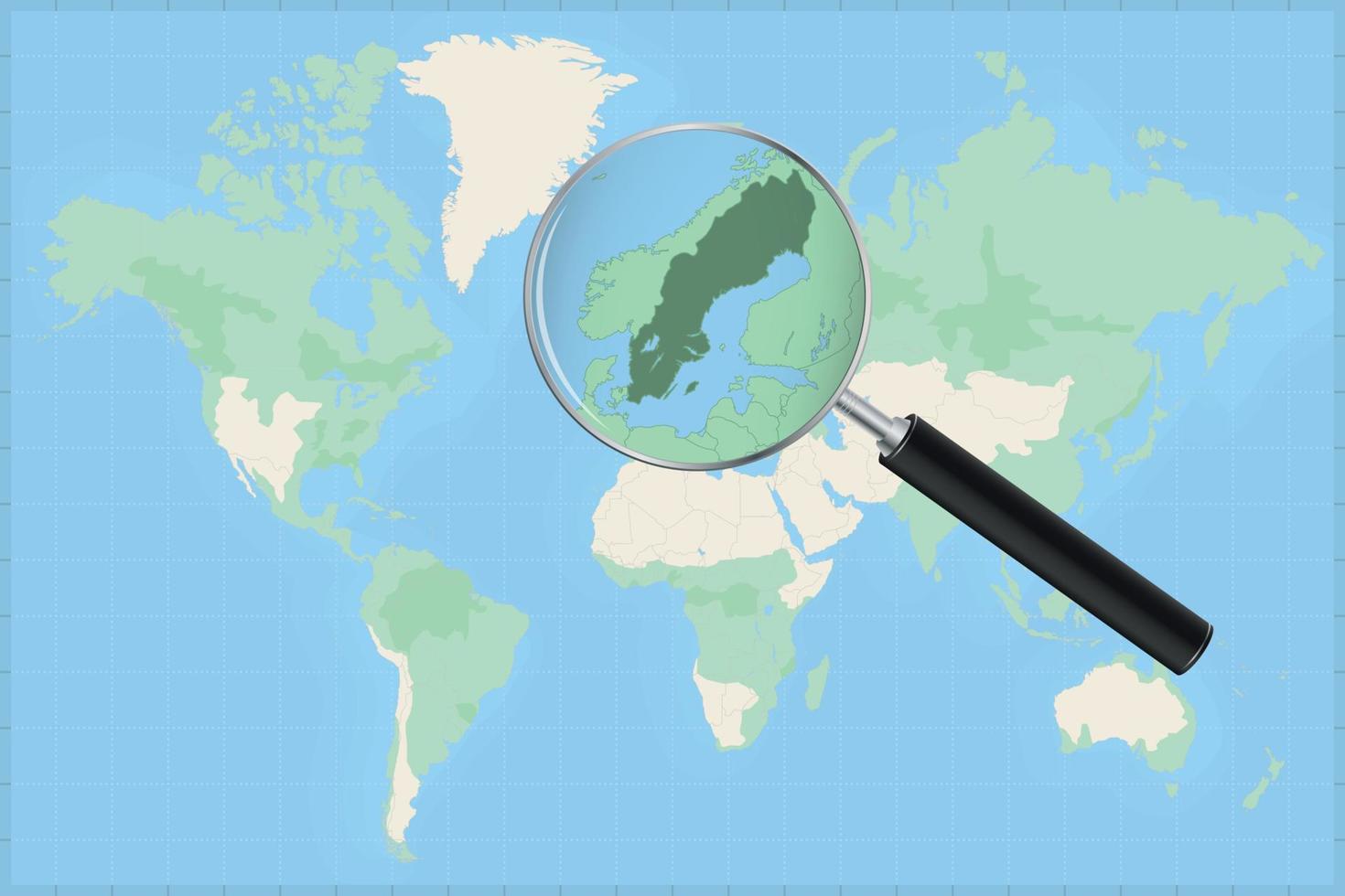 Map of the world with a magnifying glass on a map of Sweden. vector