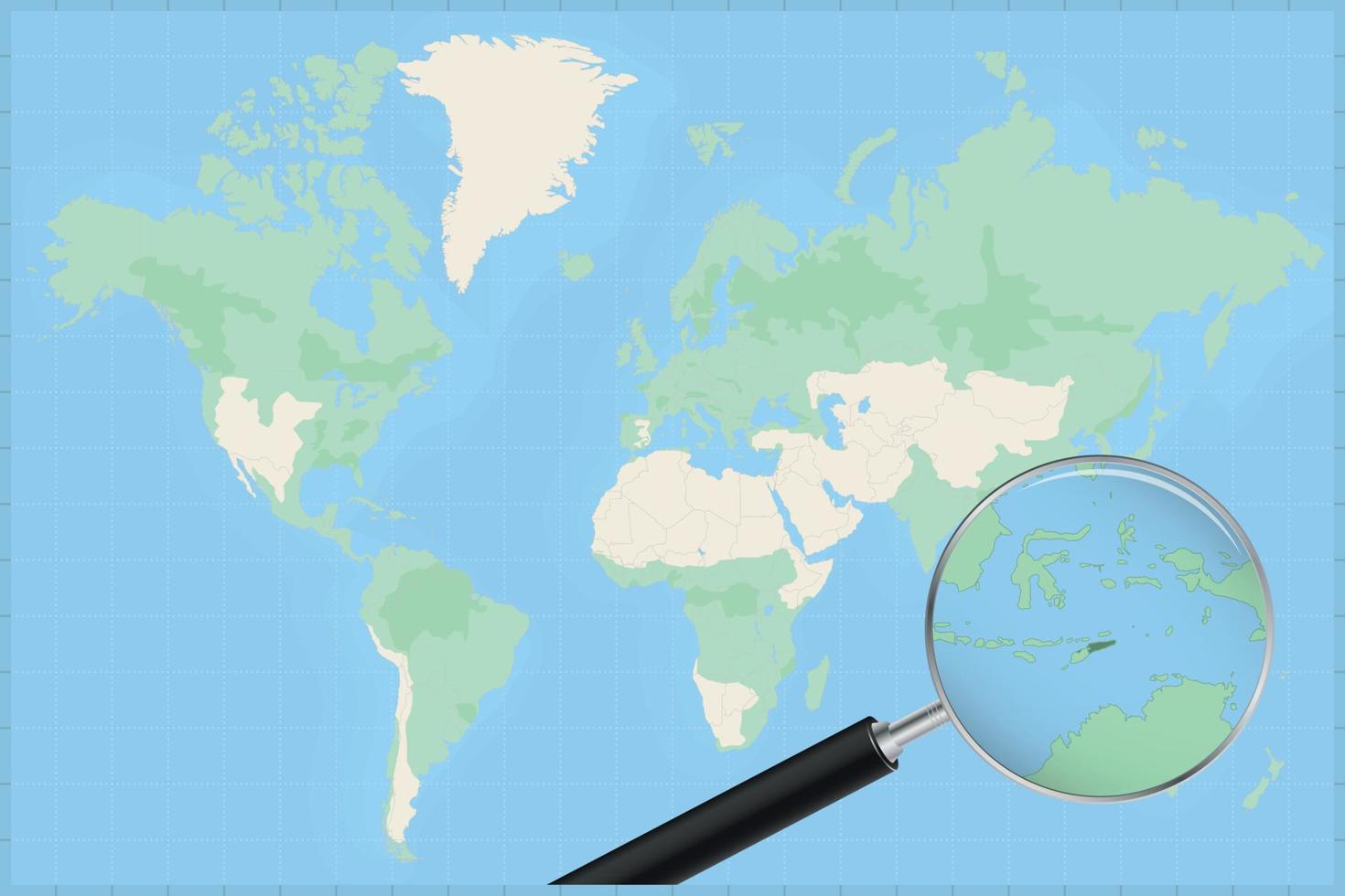 mapa del mundo con una lupa en un mapa de timor oriental. vector