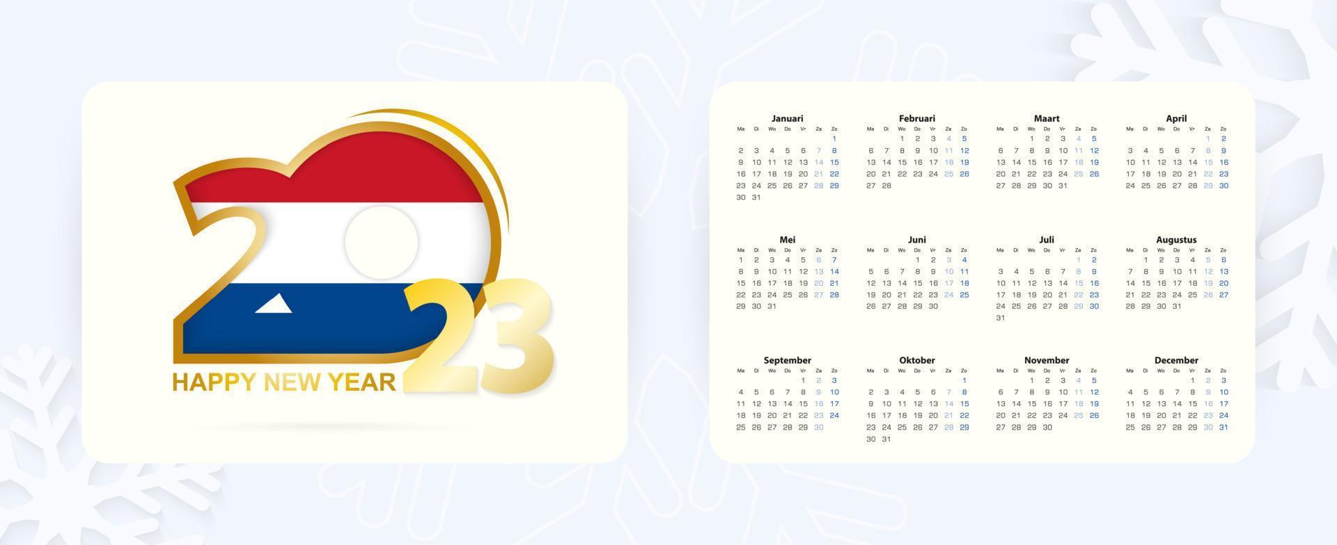 Horizontal Pocket Calendar 2023 in Dutch language. New Year 2023 icon with flag of Netherlands. vector