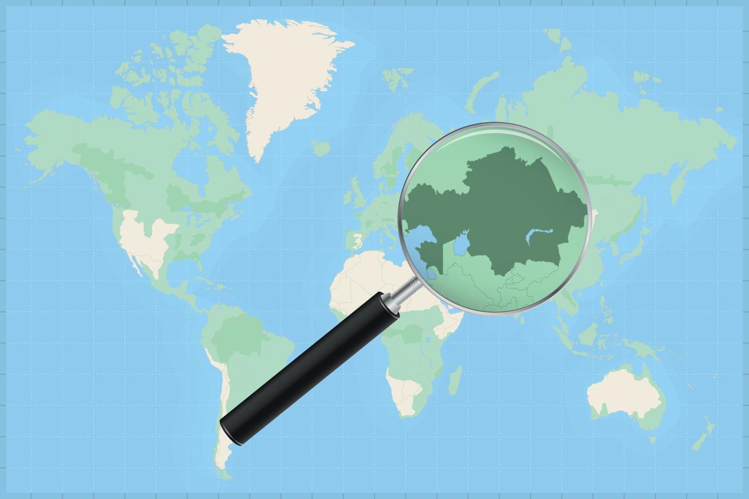 Map of the world with a magnifying glass on a map of Kazakhstan. vector