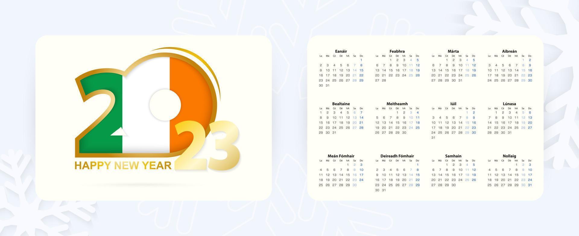 Horizontal Pocket Calendar 2023 in Irish language. New Year 2023 icon with flag of Ireland. vector