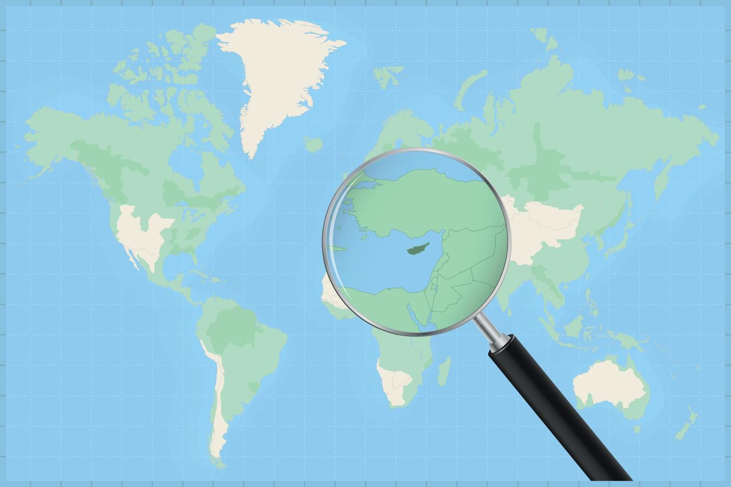 mapa del mundo con una lupa en un mapa de Chipre. vector