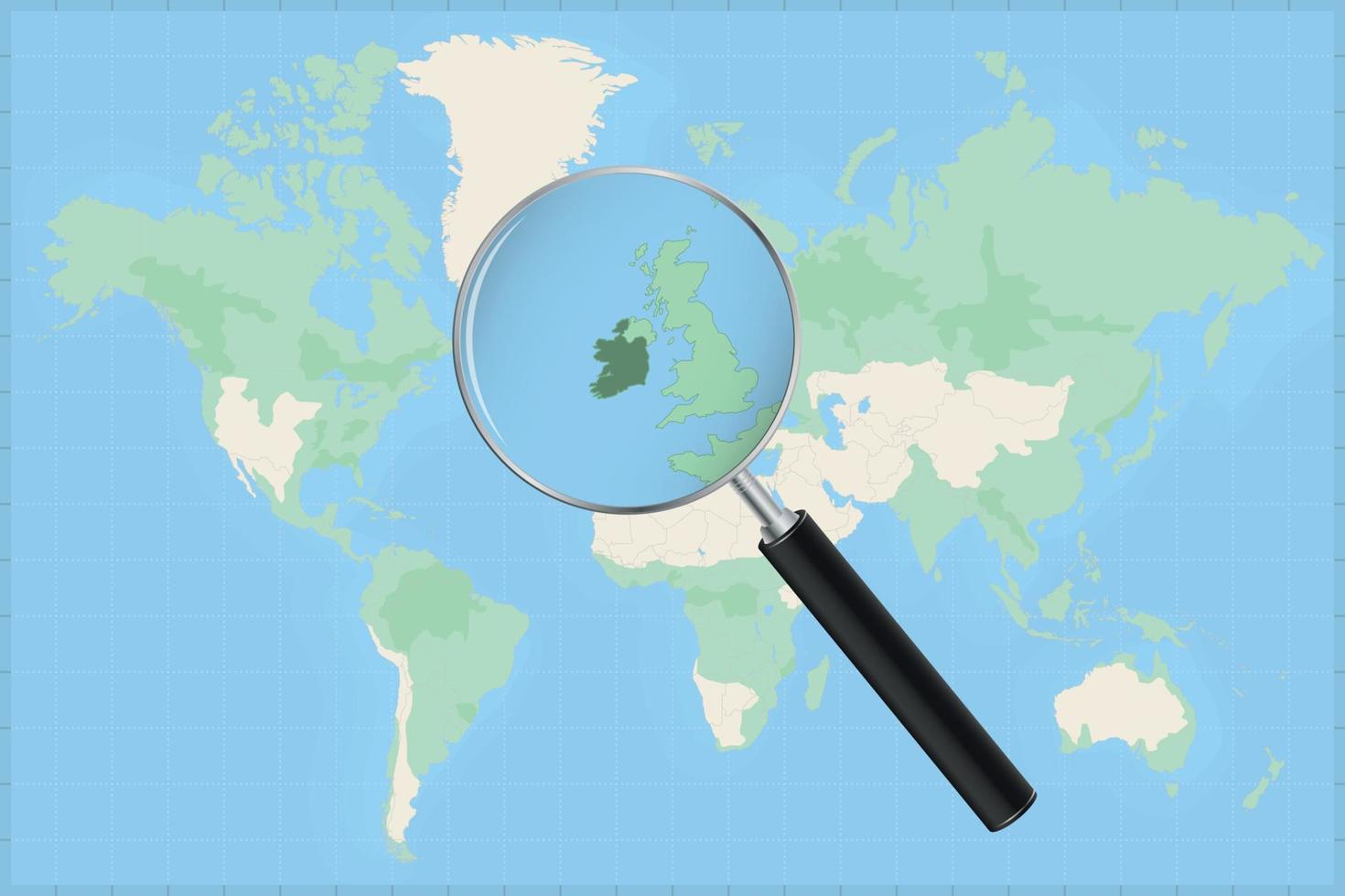 mapa del mundo con una lupa en un mapa de irlanda. vector